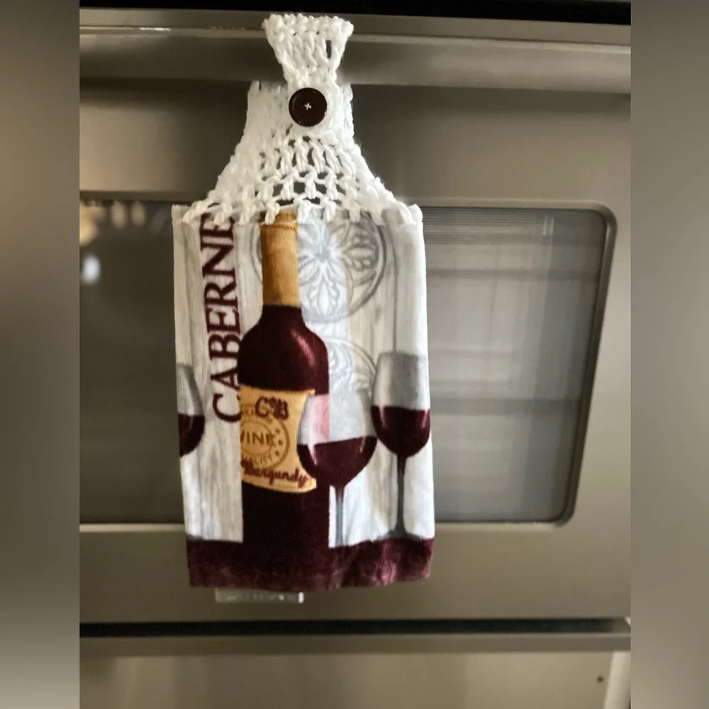Hand Crafted Cabernet Wine Hanging Kitchen Towel with Burgundy and White Design